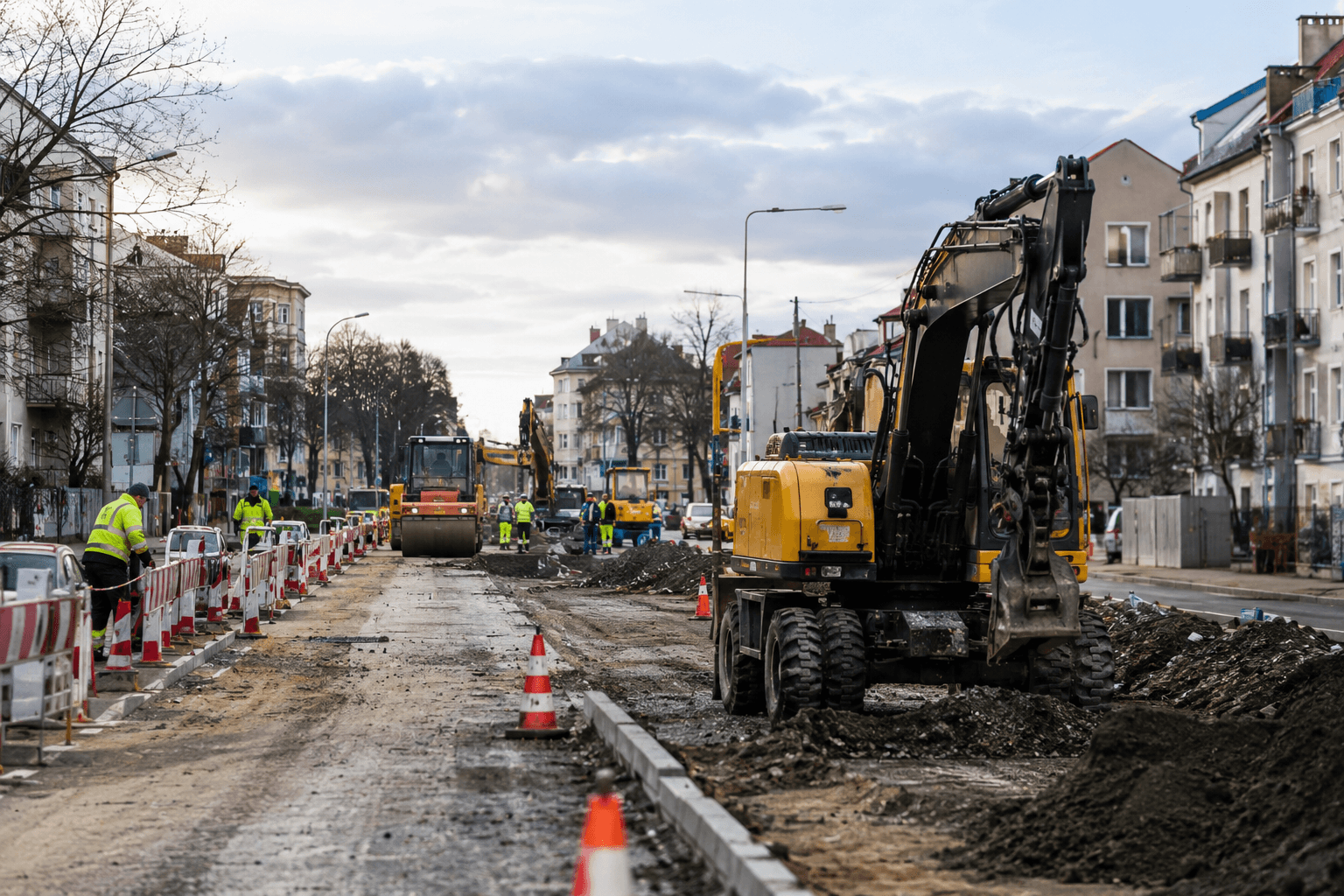 Prace drogowe na miejskiej ulicy z barierkami i maszynami